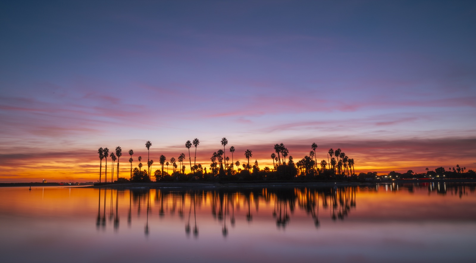 Palm trees silhouetted against a sunset, reflected in glass-still water at Mission Beach